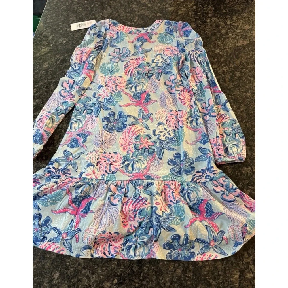 Lilly Pulitzer Alyssa Long Sleeve Dress Blue Pink Floral Ruffle Hem Mini XXS - Picture 6 of 7